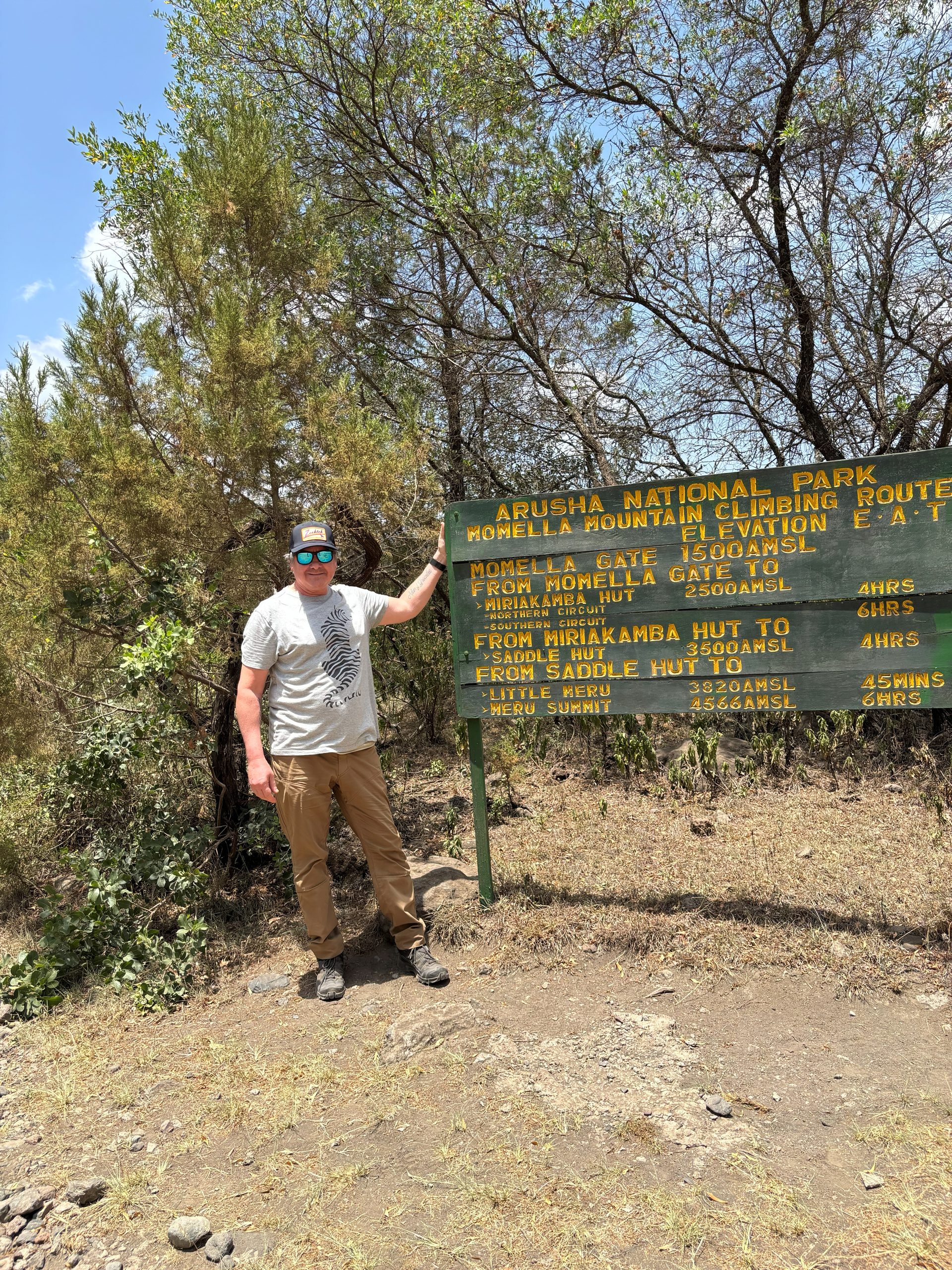 Robert at the Momella Mountain Climbing Route sign